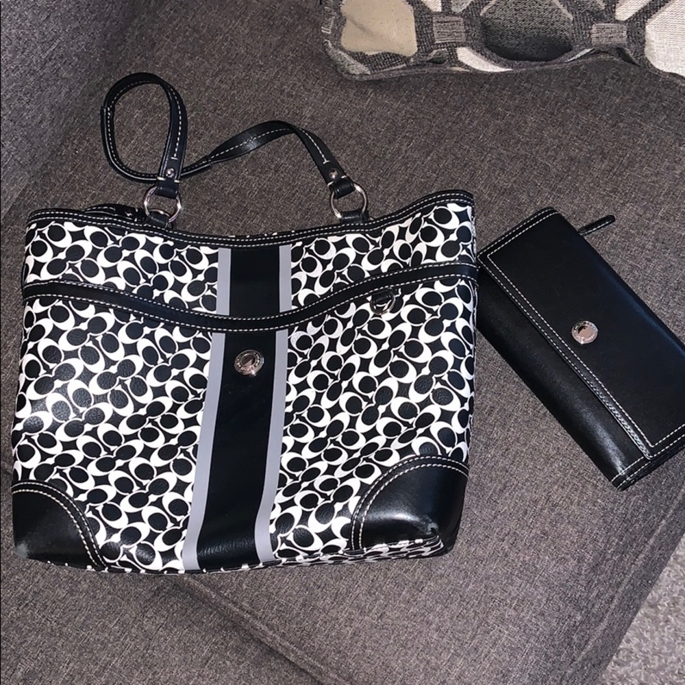 Like-new black & white PVC coach bag & wallet